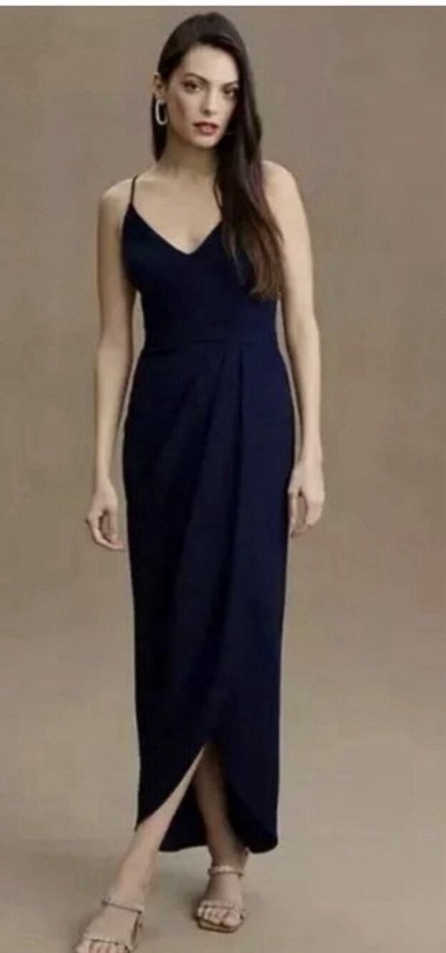 Anthropologie Bhldn Navy Lyra V Neck Faux Wrap Stretch Crepe Midi Dress Sz 6